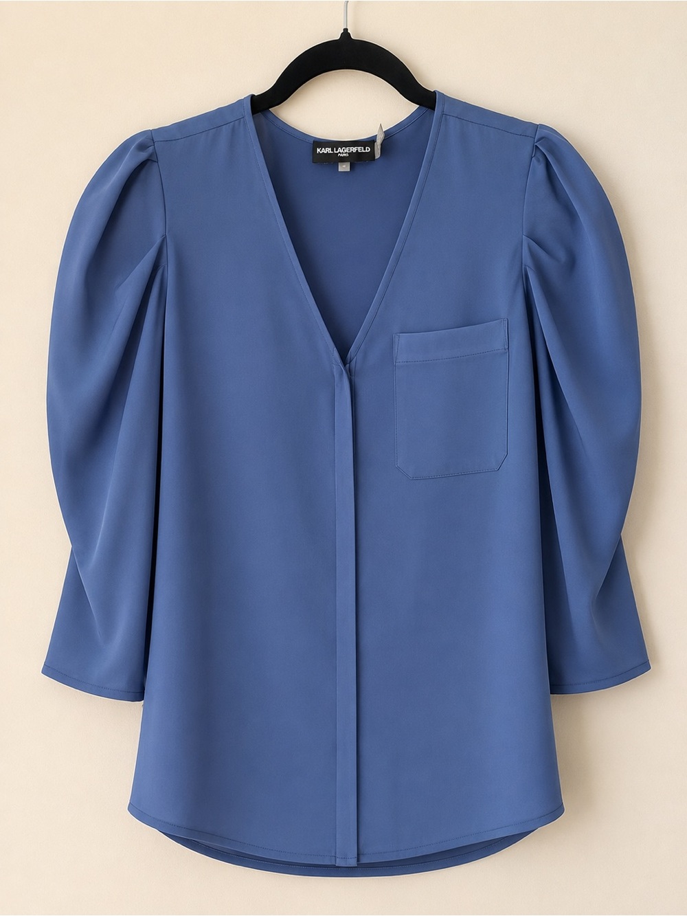Karl Lagerfeld Paris Blue Puff Sleeve V-Neck Blouse | Size Small